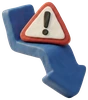 A downward arrow beside a warning sign, modelled in clay