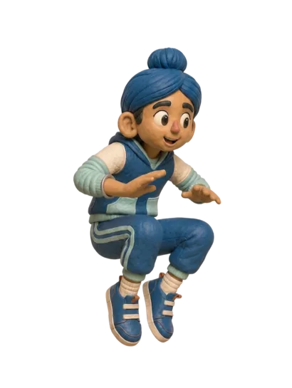 A child in an animal-movement pose, modelled in clay
