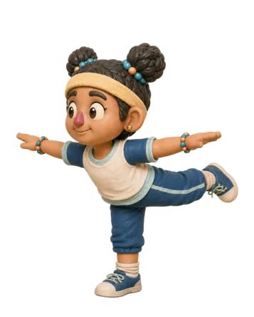 A child balancing on one leg with arms outstretched, modelled in clay