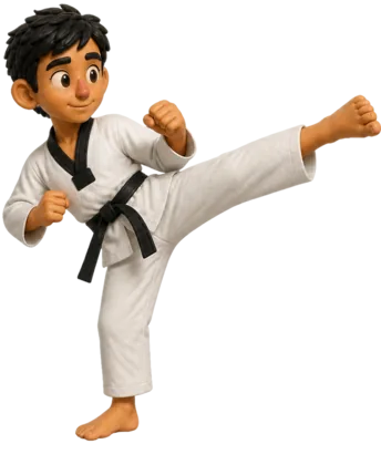 A child in a taekwondo stance wearing a dobok, modelled in clay