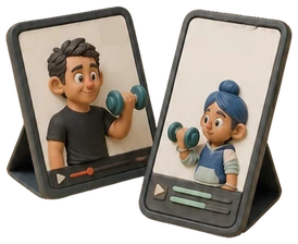 A coach and a child on two device screens, modelled in clay