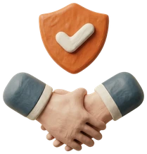 A shield with a checkmark above two shaking hands, modelled in clay