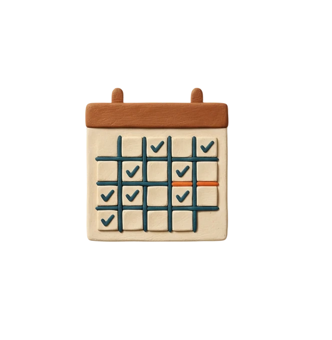 A wall calendar with days ticked off, modelled in clay