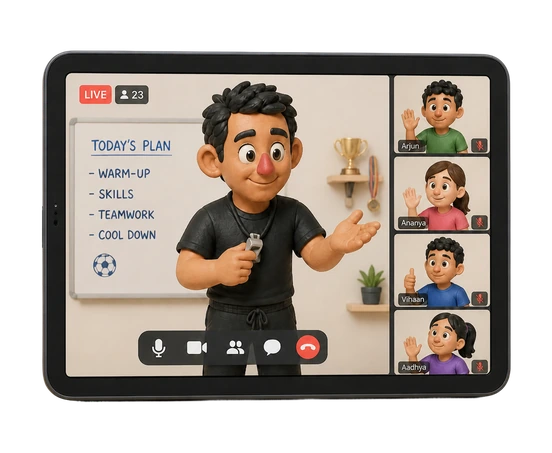 A coach leading a live class on a tablet with participants alongside