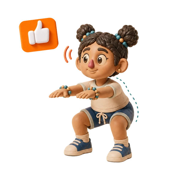 A child exercising beside a thumbs-up icon, modelled in clay