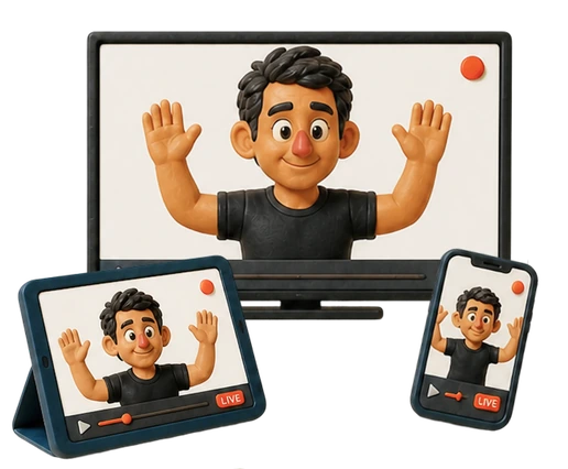 A coach on a laptop, tablet and phone screen, modelled in clay