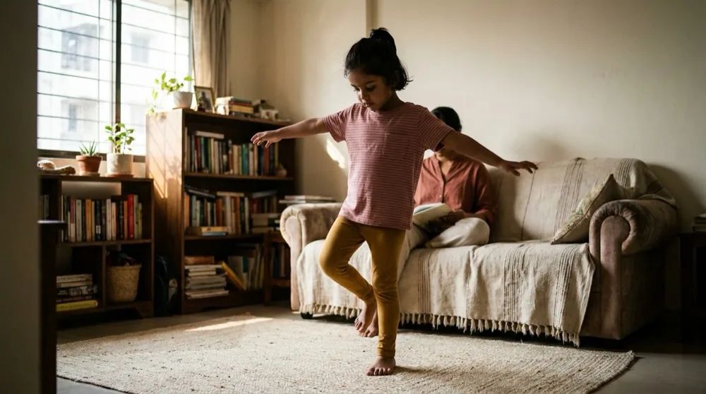 A child holding a single-leg balance while a coach counts on a laptop screen