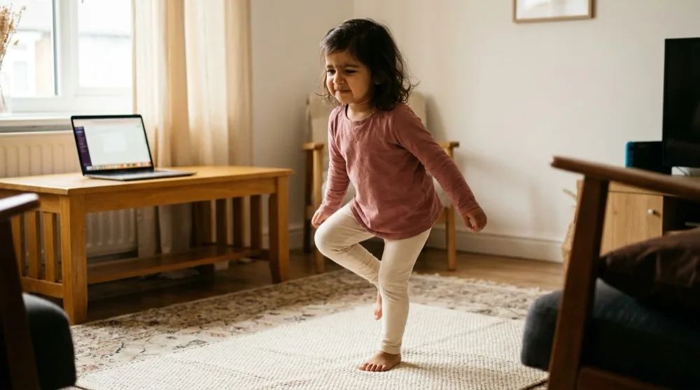 A coach on screen demonstrating a balance hold while a child mirrors the position