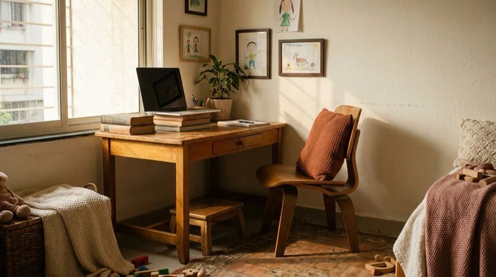 A side-by-side of a study setup before and after: laptop on books, feet on a box, screen at eye level
