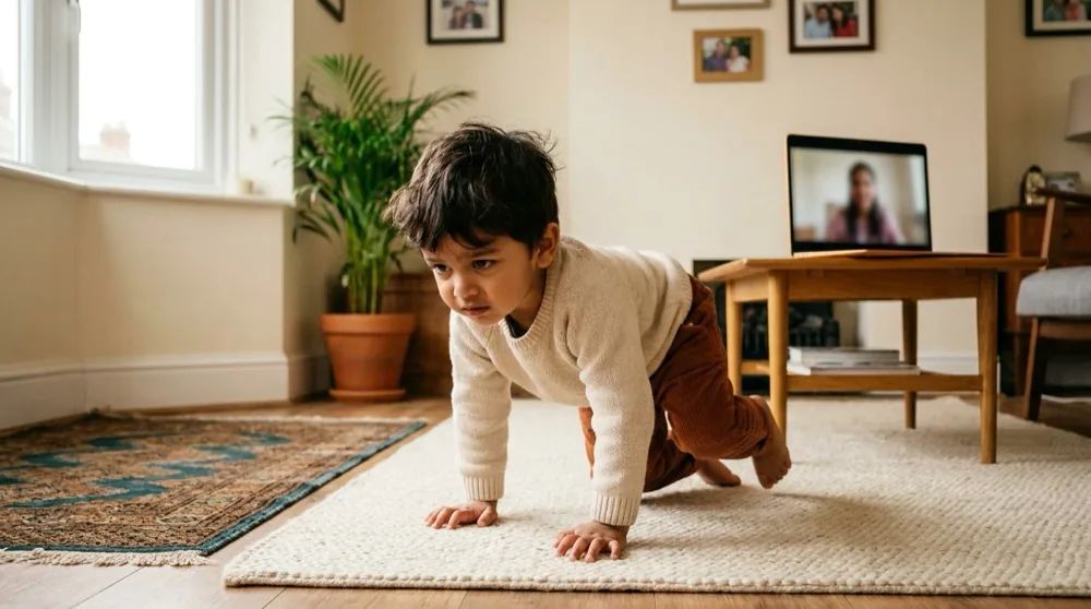 A child mid-bear-crawl on a mat in a living room, with a coach visible on a laptop screen