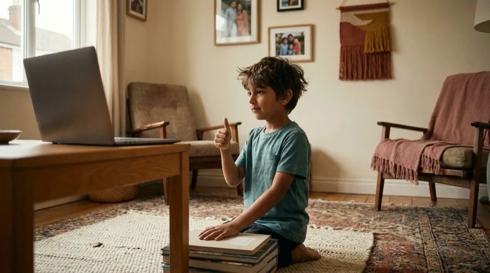 A child giving a thumbs up to a coach on a laptop screen mid-session