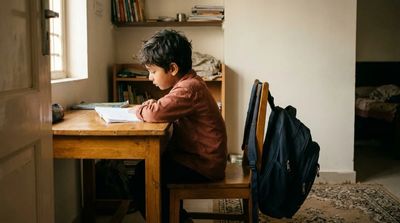 A child at a study table with a school bag beside them, shown from the side