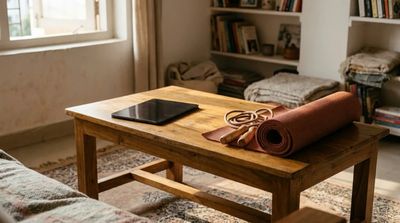 A child's day split between a tablet on a low table and a rolled exercise mat in a warm Indian living room