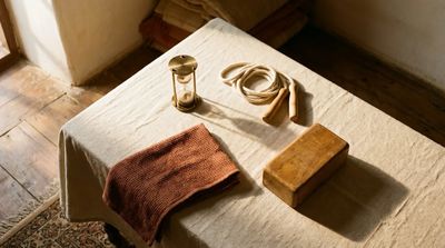 A small clay hourglass beside a skipping rope on a warm ivory surface