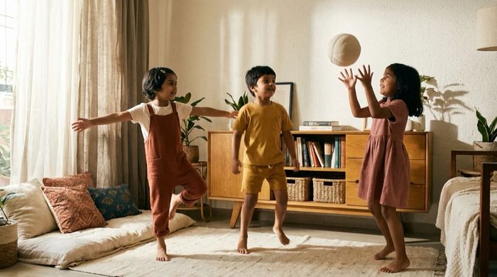 Children hopping, balancing and catching a ball, illustrated in a warm clay style