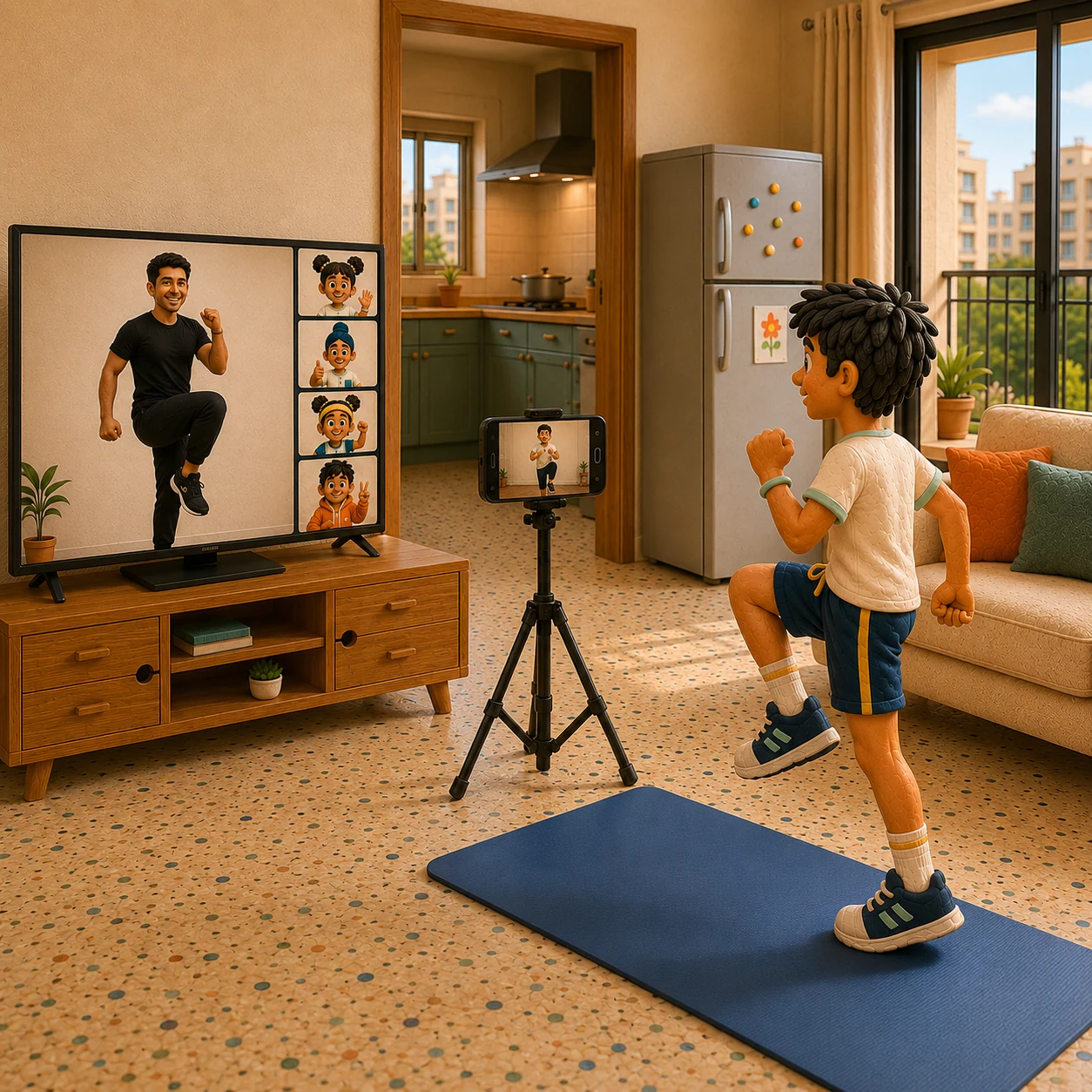 Clay-style kid doing high-knees on yoga mat with male coach and classmate tiles live on TV - KidPRO