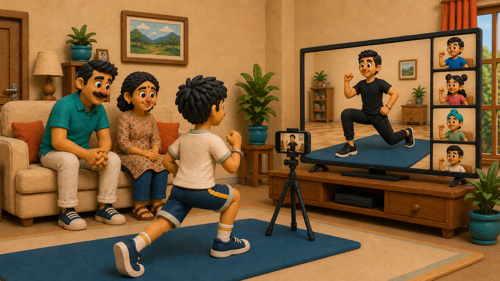 Clay-style family on the sofa watching their child do high-knees on a yoga mat, male coach and classmate tiles live on TV - KidPRO