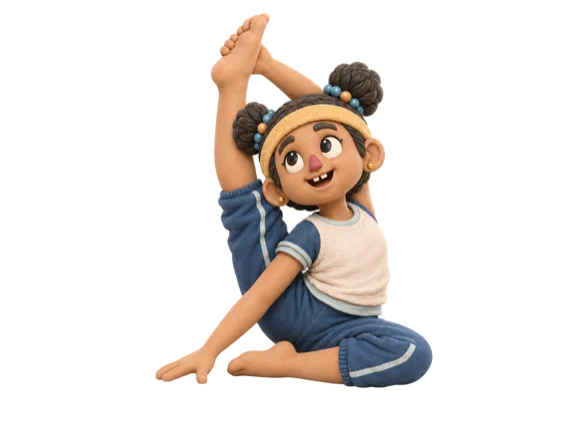 A child in a seated yoga pose with one leg raised overhead, modelled in clay